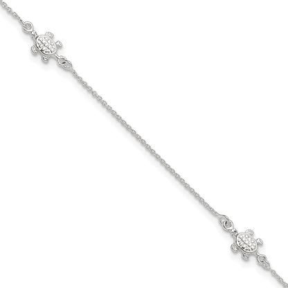 Sterling Silver Turtle 9 Inch Plus 1 Ext. Anklet