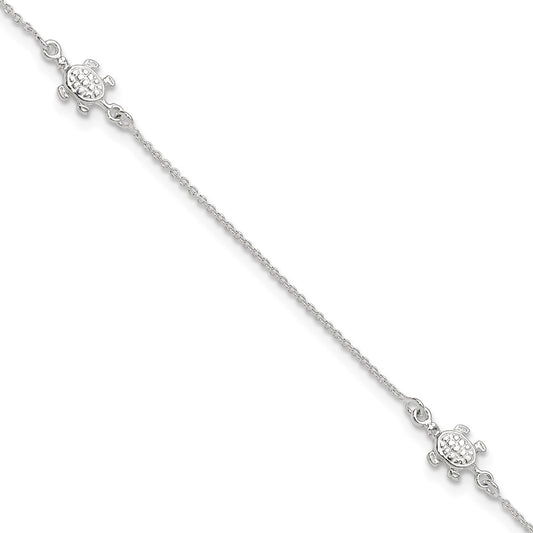 Sterling Silver Turtle 9 Inch Plus 1 Ext. Anklet