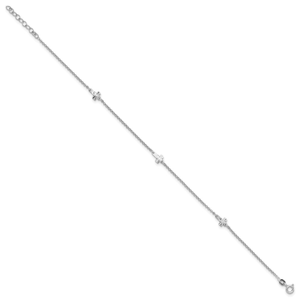 Sterling Silver Rhod-Plated Diamond-Cut Crosses 9In Plus 1In Ext. Anklet
