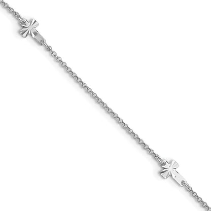 Sterling Silver Rhod-Plated Diamond-Cut Crosses 9In Plus 1In Ext. Anklet