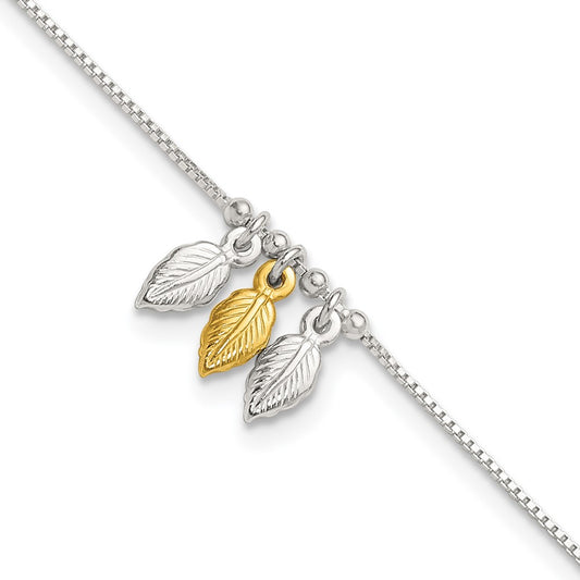 Sterling Silver Gold-Tone Polished Feather 9In W/1In Ext Anklet