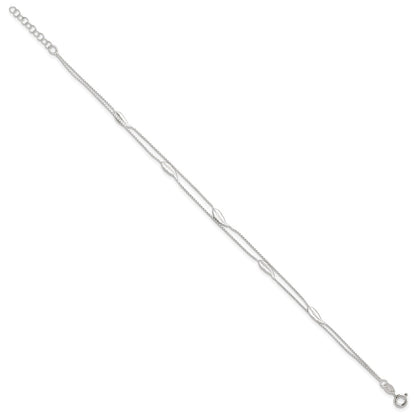 Sterling Silver Polished 2-Strand Feather 9In Plus 1In Ext Anklet