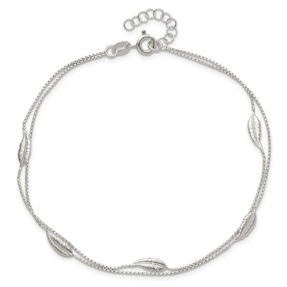 Sterling Silver Polished 2-Strand Feather 9In Plus 1In Ext Anklet