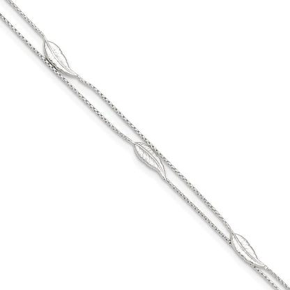 Sterling Silver Polished 2-Strand Feather 9In Plus 1In Ext Anklet