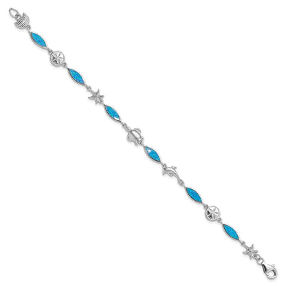 Sterling Silver Rhodium-Plated Lab Created Opal Sea Life 7 Inch Bracelet