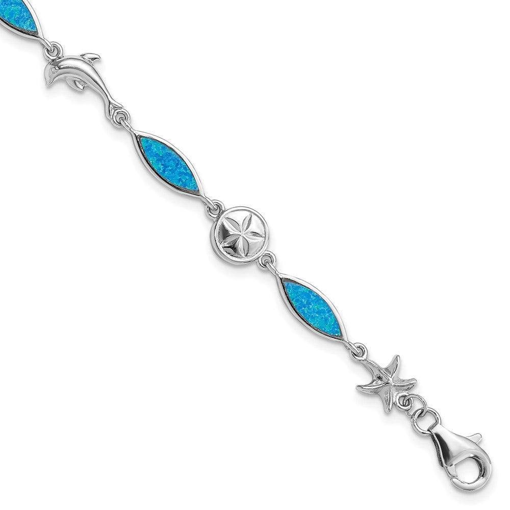Sterling Silver Rhodium-Plated Lab Created Opal Sea Life 7 Inch Bracelet