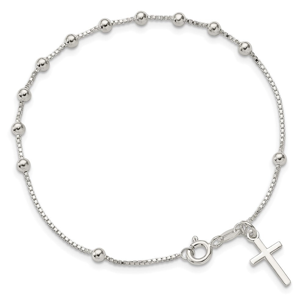 7.25 Inch Sterling Silver Polished Beaded Cross 7.25In Bracelet