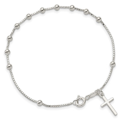 7.25 Inch Sterling Silver Polished Beaded Cross 7.25In Bracelet