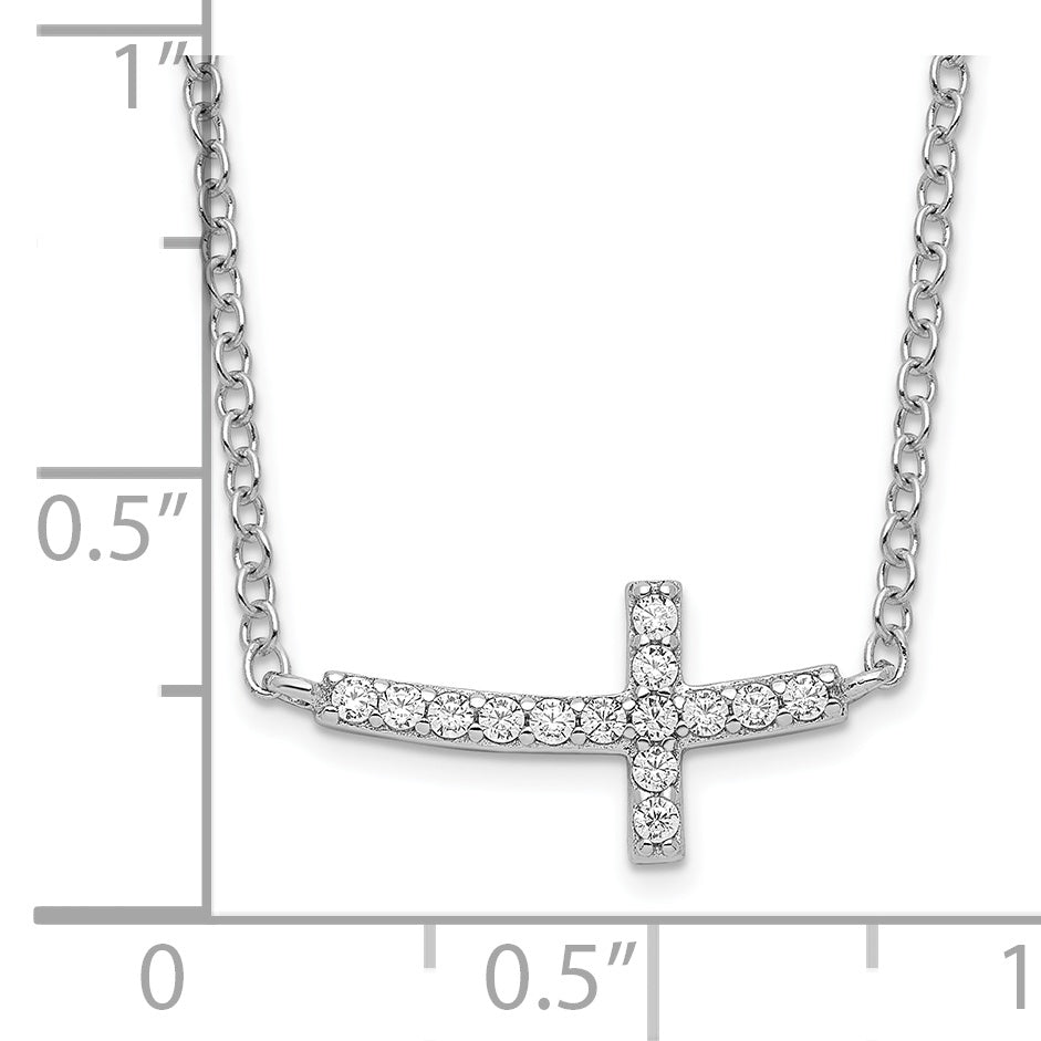 Sterling Silver Rhodium-Plated Cz Sideways Cross 16 Inch Necklace With 2 Extension