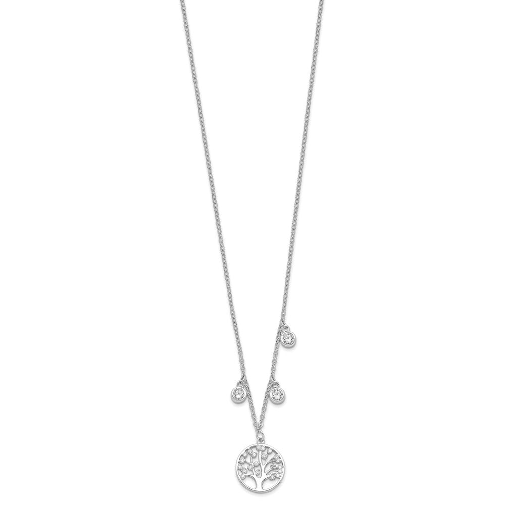 Sterling Silver Rhodium-Plated Cz With Tree 1In Ext. Necklace