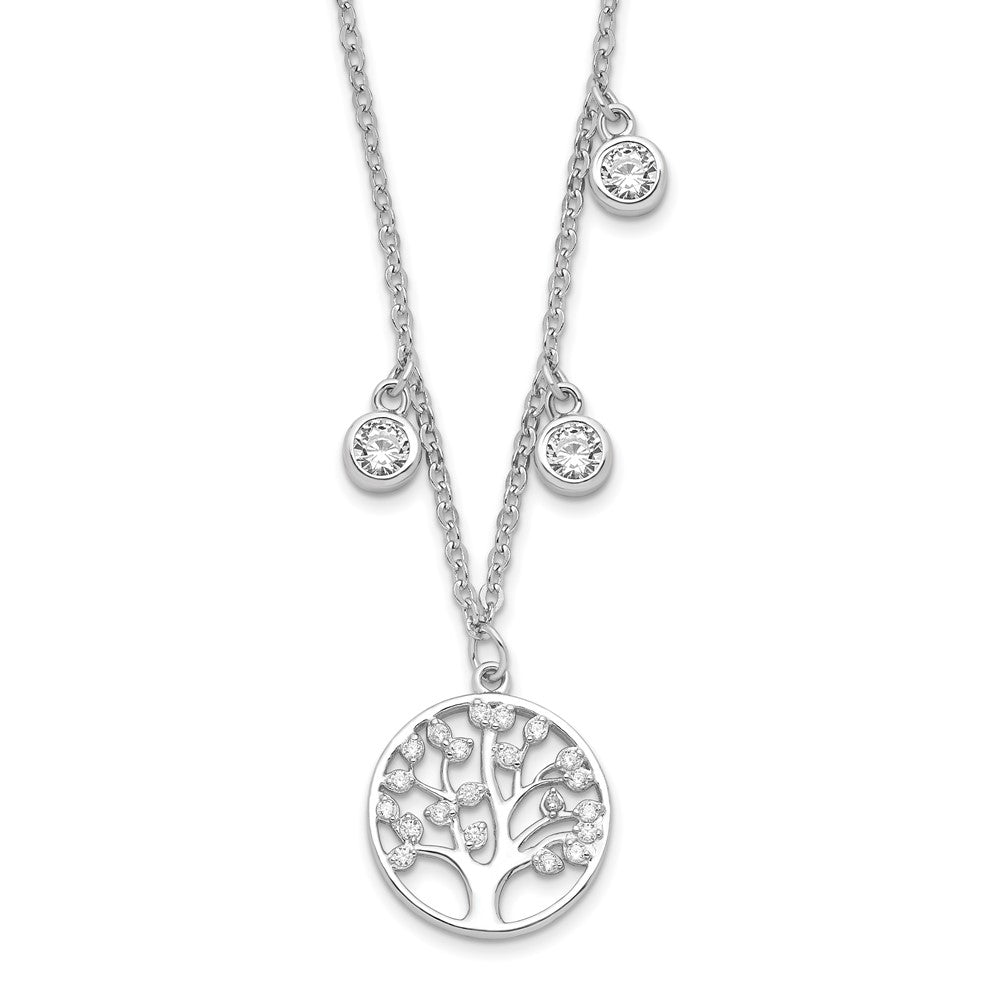 Sterling Silver Rhodium-Plated Cz With Tree 1In Ext. Necklace