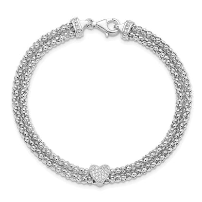 7.25 Inch Sterling Silver Rhodium-Plated Cz Heart Multi-Strand Bracelet