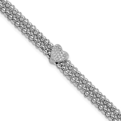 7.25 Inch Sterling Silver Rhodium-Plated Cz Heart Multi-Strand Bracelet