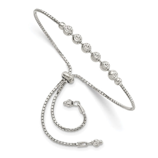 10 Inch Sterling Silver Rhodium-Plated Diamond-Cut Beaded Adjustable Bracelet