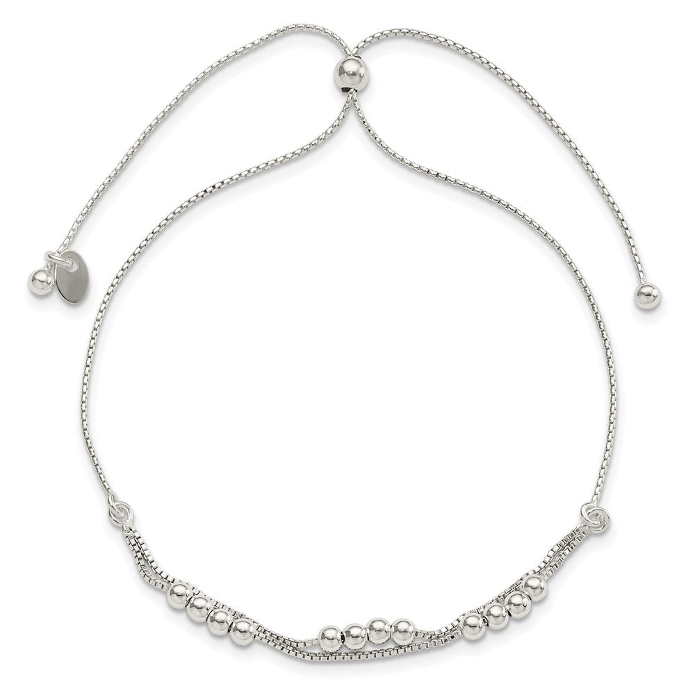 11 Inch Sterling Silver Polished Beaded 2-Strand Adjustable Bracelet