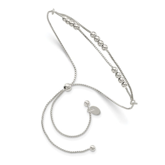 11 Inch Sterling Silver Polished Beaded 2-Strand Adjustable Bracelet