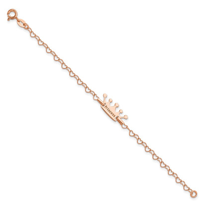 6 Inch Sterling Silver Rose-Tone Princess Crown Heart Link Children'S Bracelet