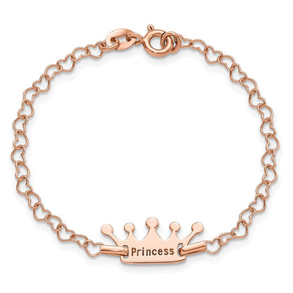 6 Inch Sterling Silver Rose-Tone Princess Crown Heart Link Children'S Bracelet