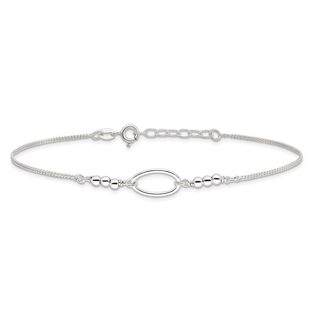 Sterling Silver Oval And Beaded 9In Plus 1In Ext. Anklet