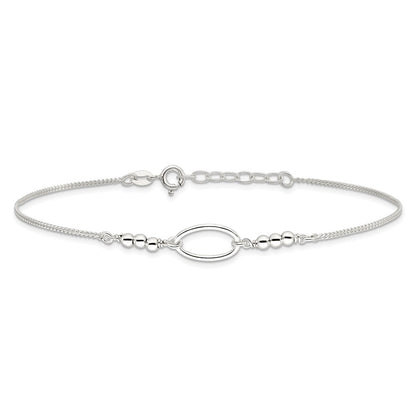 Sterling Silver Oval And Beaded 9In Plus 1In Ext. Anklet