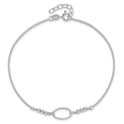 Sterling Silver Oval And Beaded 9In Plus 1In Ext. Anklet