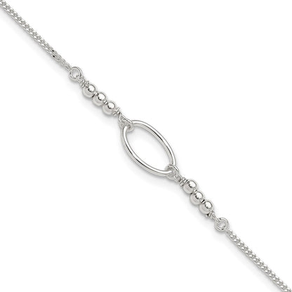 Sterling Silver Oval And Beaded 9In Plus 1In Ext. Anklet