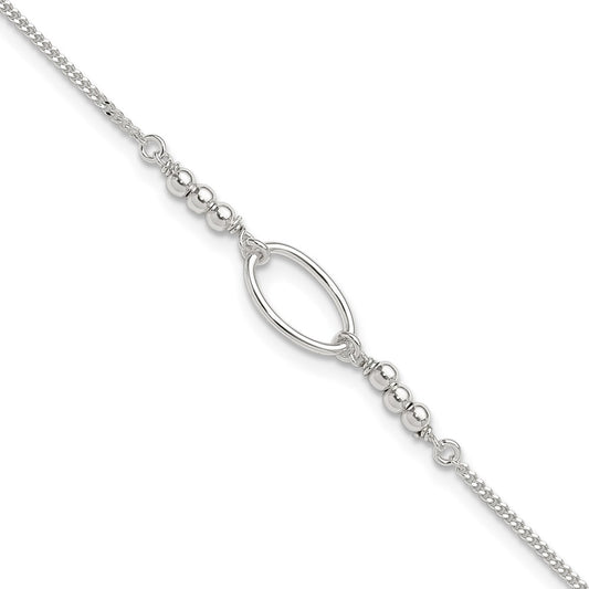 Sterling Silver Oval And Beaded 9In Plus 1In Ext. Anklet