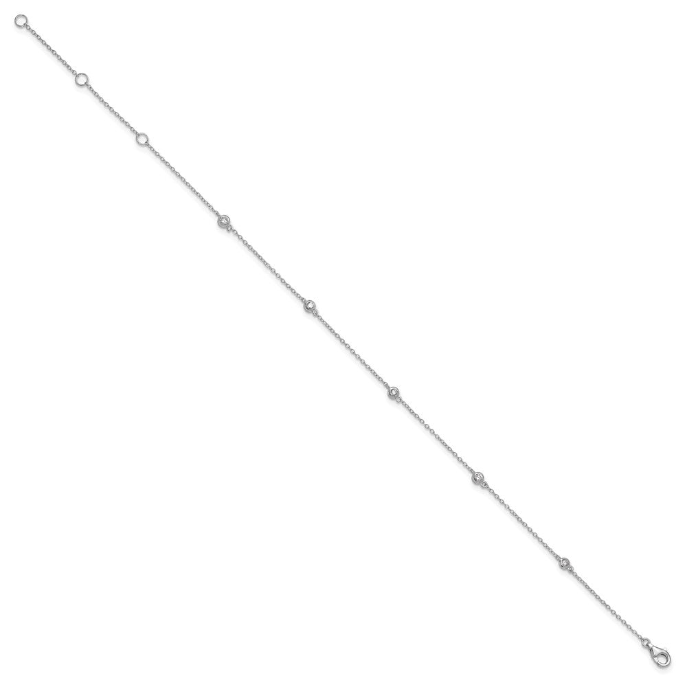 Sterling Silver Rhodium-Plated Bezel Cz 9In Plus 2In Ext. Anklet