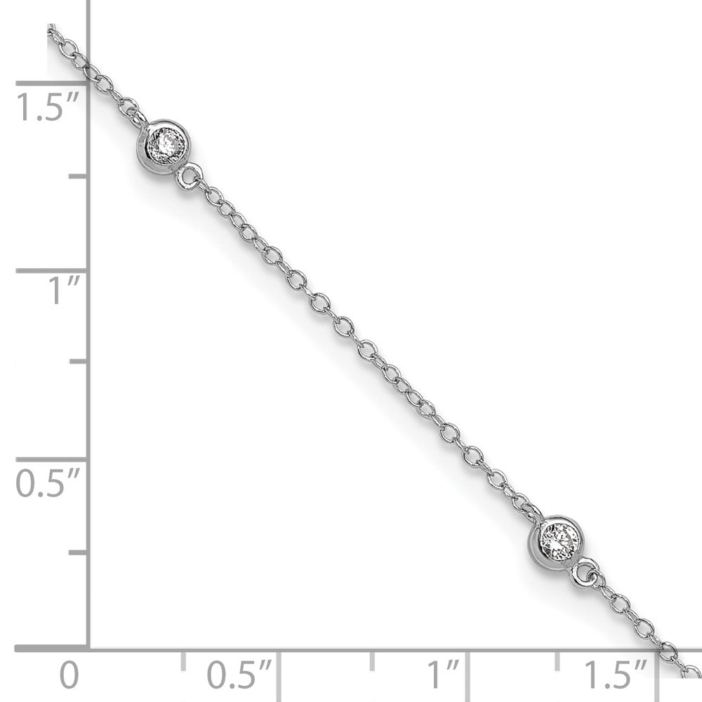 Sterling Silver Rhodium-Plated Bezel Cz 9In Plus 2In Ext. Anklet