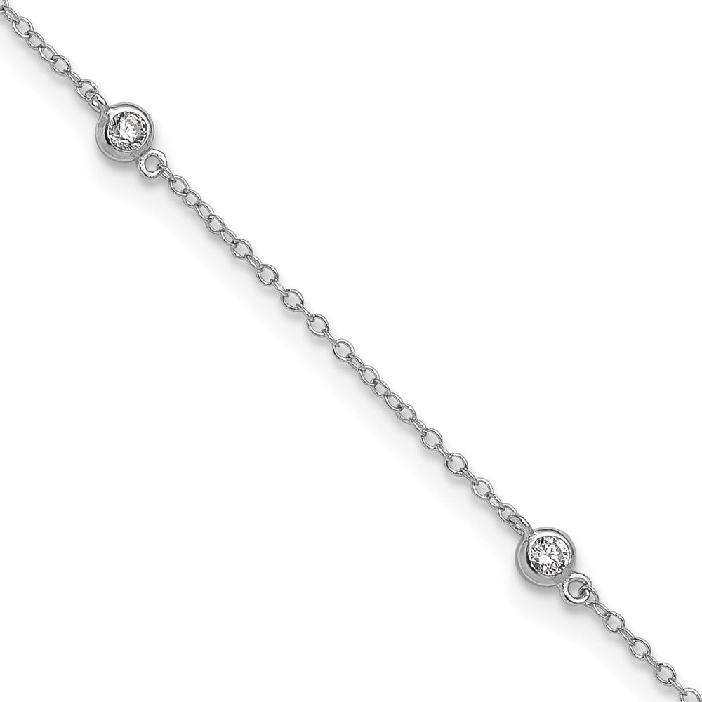 Sterling Silver Rhodium-Plated Bezel Cz 9In Plus 2In Ext. Anklet