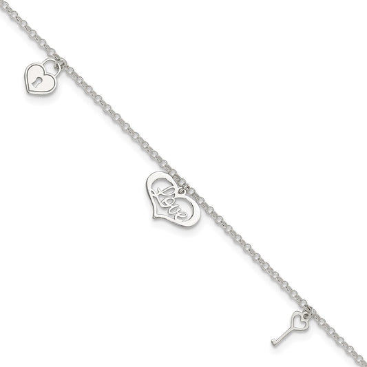 Sterling Silver Love Themed Dangles 9In Plus 1In Ext. Anklet