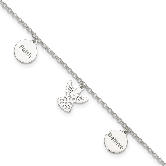 Sterling Silver Faith, Believe And Angel Dangles 9In Plus 1In Ext. Anklet