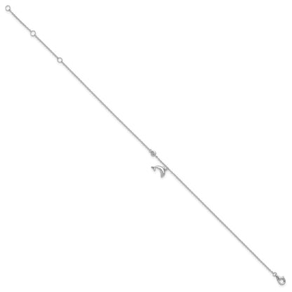 Sterling Silver Rhodium-Plated Polished Cz Dolphin 9 Inch With A 2 Extention Anklet