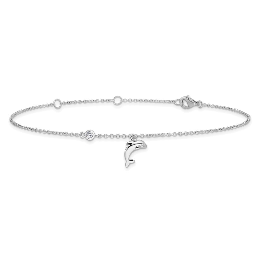 Sterling Silver Rhodium-Plated Polished Cz Dolphin 9 Inch With A 2 Extention Anklet