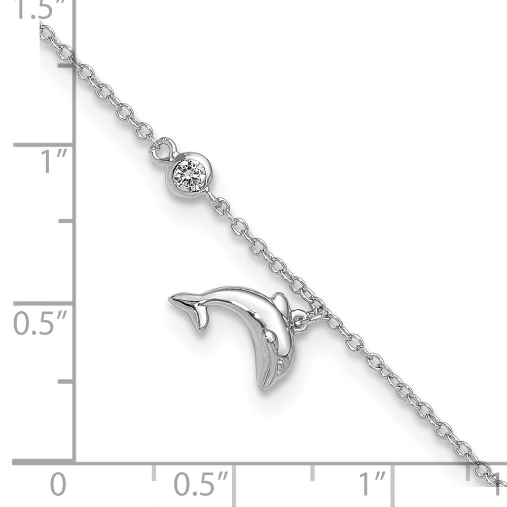 Sterling Silver Rhodium-Plated Polished Cz Dolphin 9 Inch With A 2 Extention Anklet