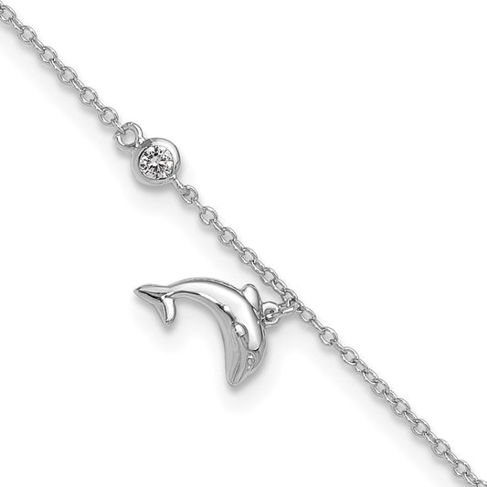 Sterling Silver Rhodium-Plated Polished Cz Dolphin 9 Inch With A 2 Extention Anklet