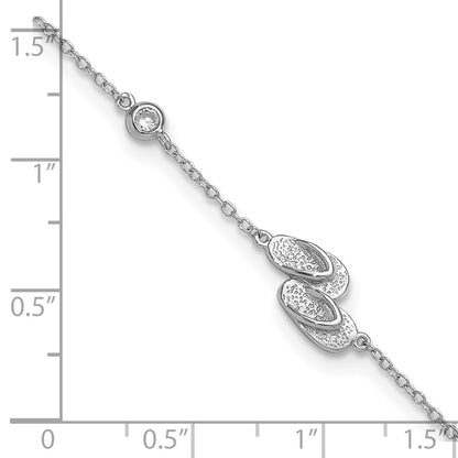 Sterling Silver Rhodium-Plated Polished Cz Flip Flops 9 Inch With A 2 Extention Anklet