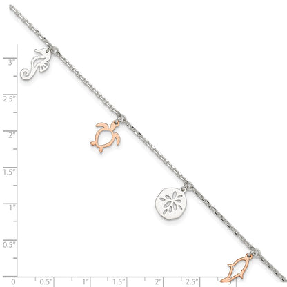 Sterling Silver Rose-Tone Seashore Dangles 9In Plus 1In Ext. Anklet