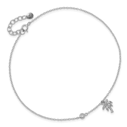 Sterling Silver Rhodium-Plated Cz And Palm Tree 9In Plus 1In Ext. Anklet