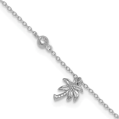 Sterling Silver Rhodium-Plated Cz And Palm Tree 9In Plus 1In Ext. Anklet