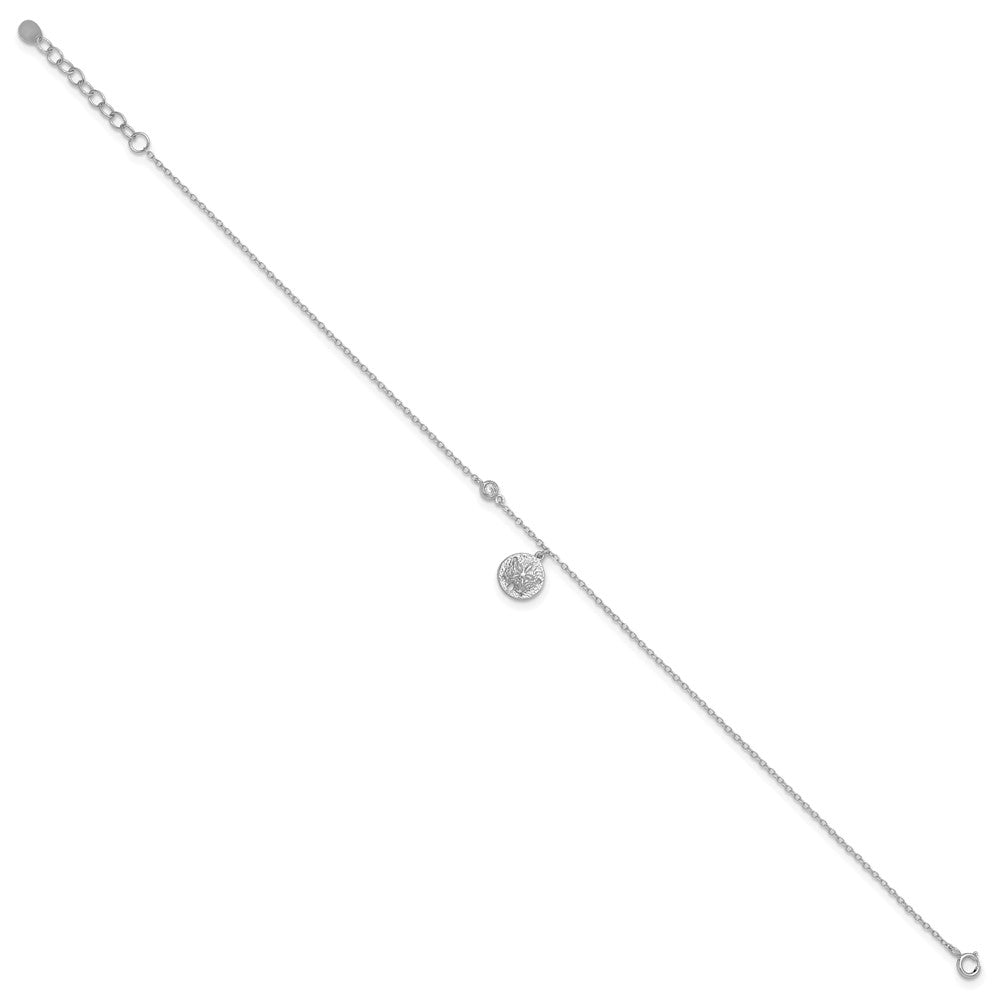 Sterling Silver Rhodium-Plated Cz And Sand Dollar 9In Plus 1In Ext. Anklet