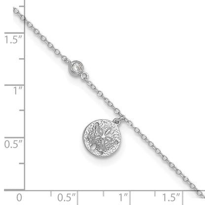 Sterling Silver Rhodium-Plated Cz And Sand Dollar 9In Plus 1In Ext. Anklet