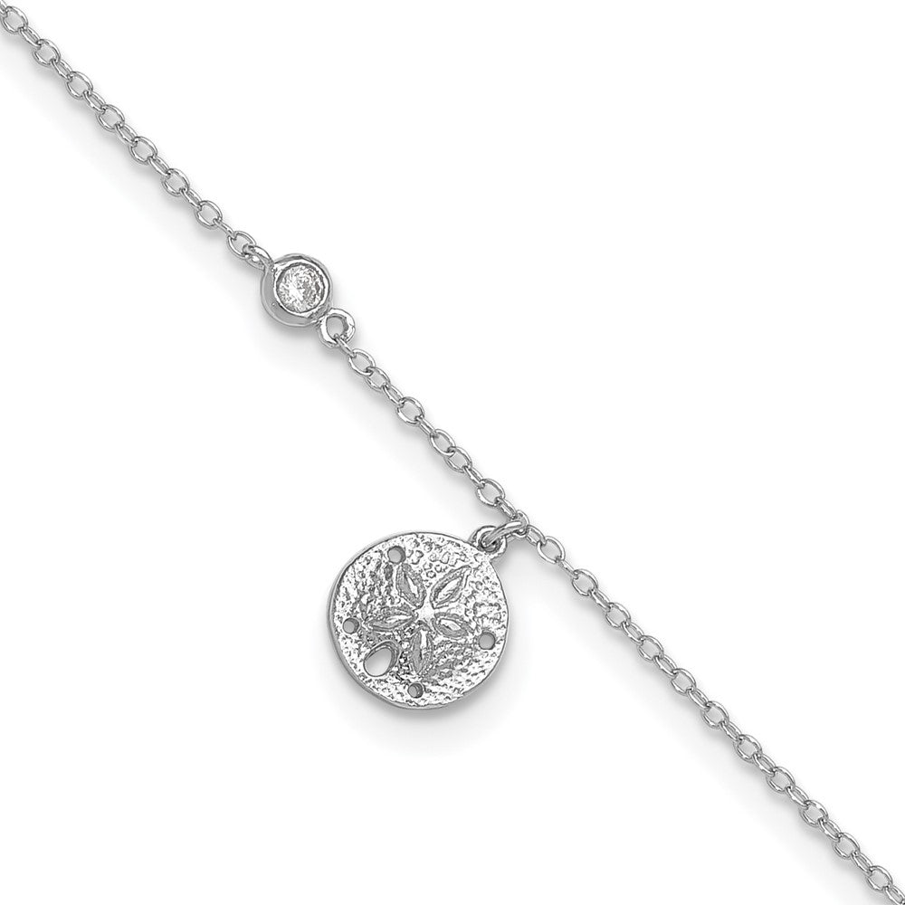 Sterling Silver Rhodium-Plated Cz And Sand Dollar 9In Plus 1In Ext. Anklet