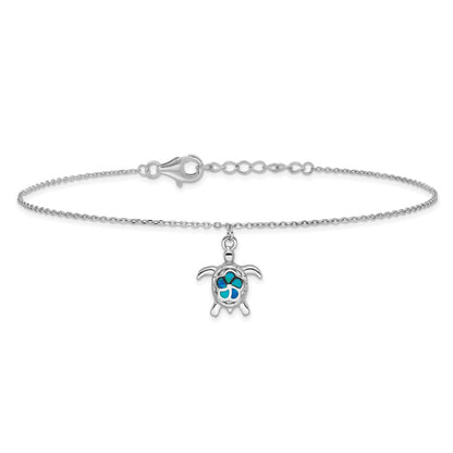 Sterling Silver Rhodium-Plated Polished Created Opal Turtle 9 Inch With A 1 Extention Anklet