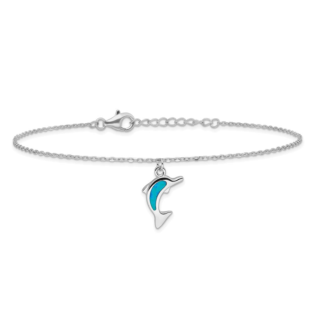 Sterling Silver Rhodium-Plated Created Opal Dolphin 9 Inch With An 1 Extention Anklet