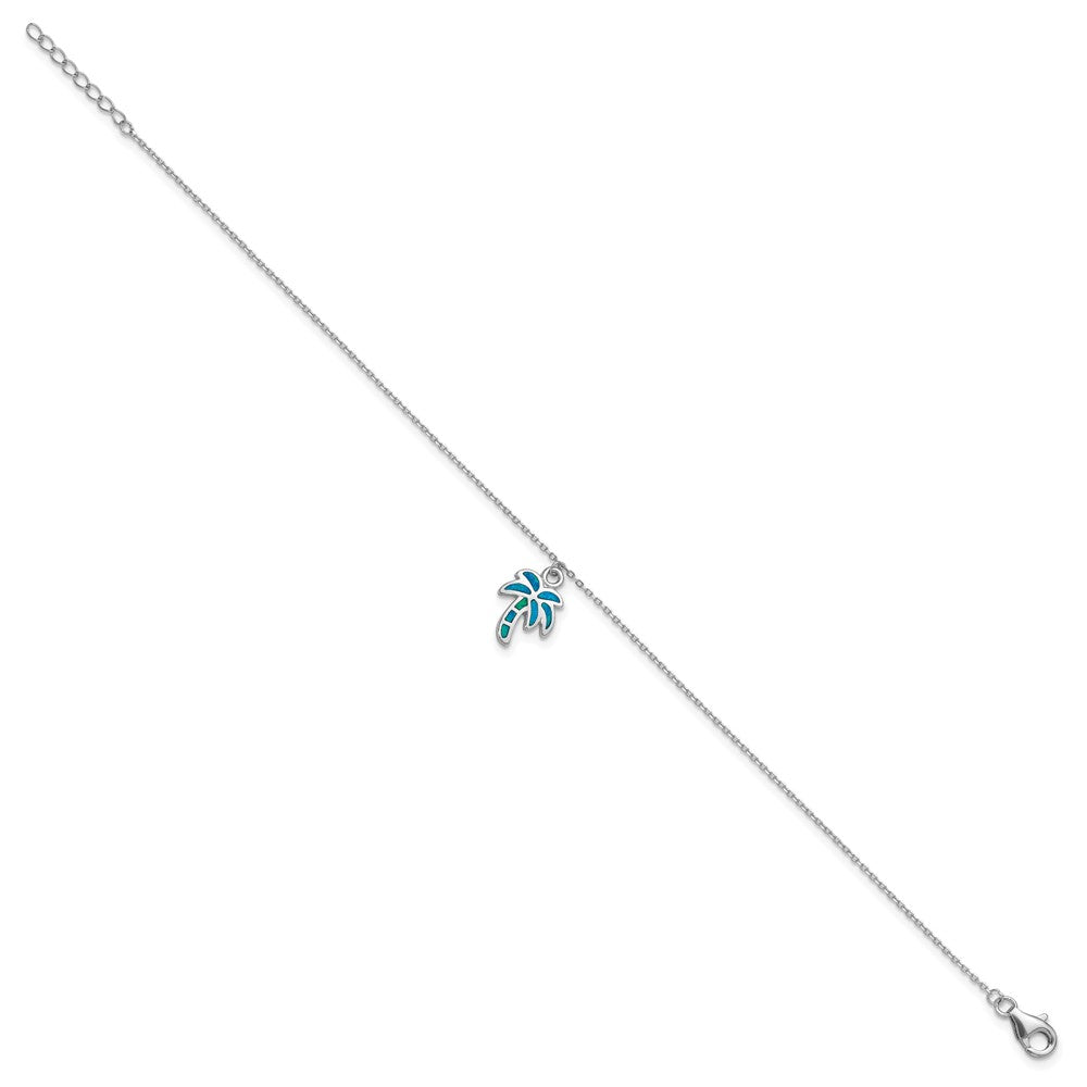 Sterling Silver Rhodium-Plated Created Opal Palm Tree 9 Inch With A 1 Extention Anklet