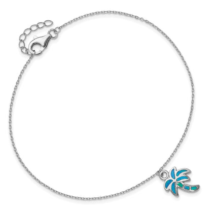 Sterling Silver Rhodium-Plated Created Opal Palm Tree 9 Inch With A 1 Extention Anklet