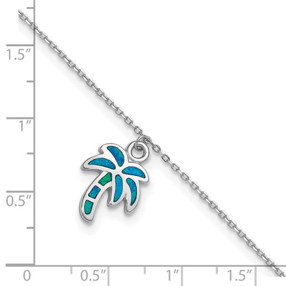 Sterling Silver Rhodium-Plated Created Opal Palm Tree 9 Inch With A 1 Extention Anklet