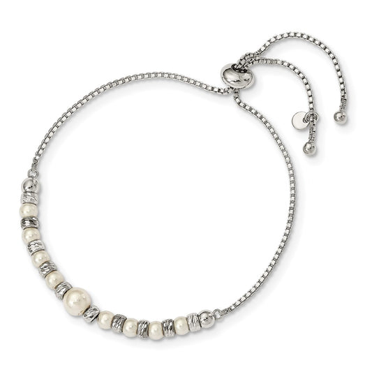 Sterling Silver Rh-Plated D/C Beads Glass Pearl Adjustable Bracelet