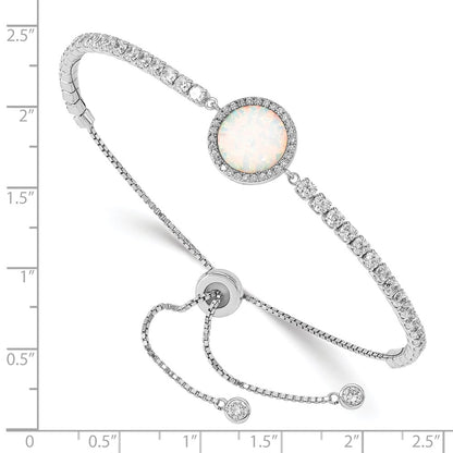 Sterling Silver Rh-Plated Created Opal And Cz Adjustable Bracelet